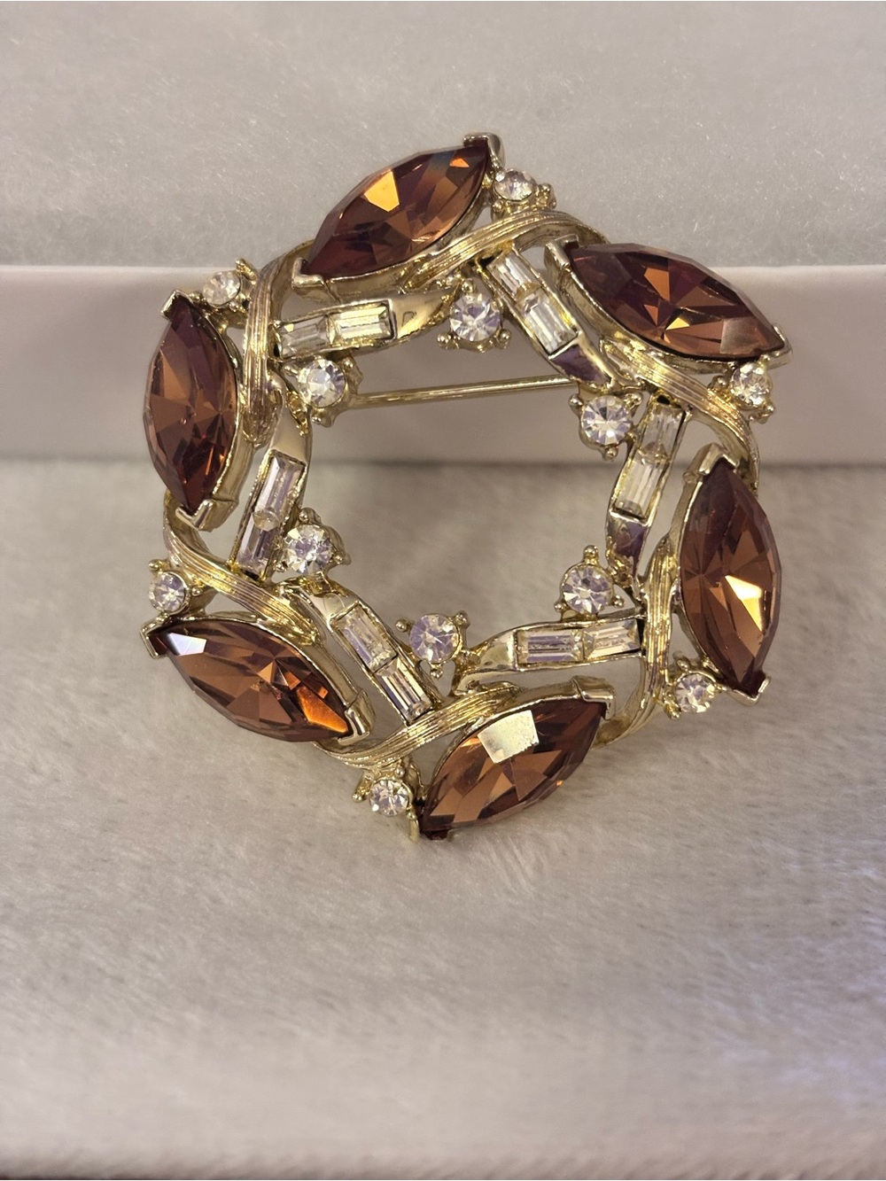 Vintage Kramer Signed Topaz Rhinestone Wreath Brooch